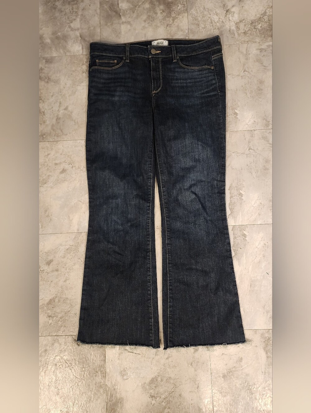PAIGE Boot Cut Jeans Women's 32 Dark Wash Raw Hem Stretch Denim